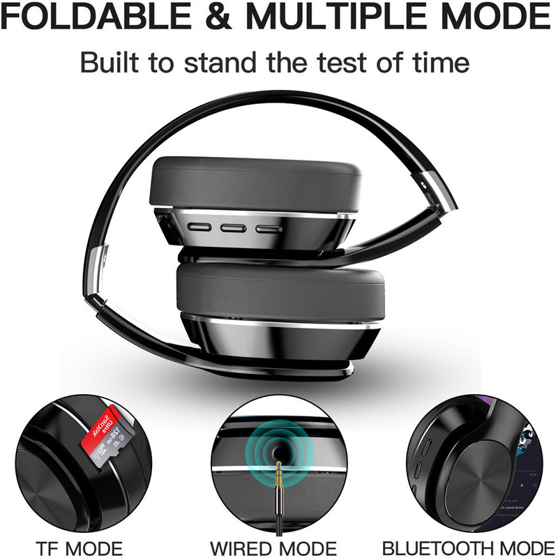Tourya Wireless Headphones Over Eer Bluetooth 5.0 Слушалки Сгъваеми Слушалки Слушалки Eearphone Support TF Stereo with Mic for Phone PC