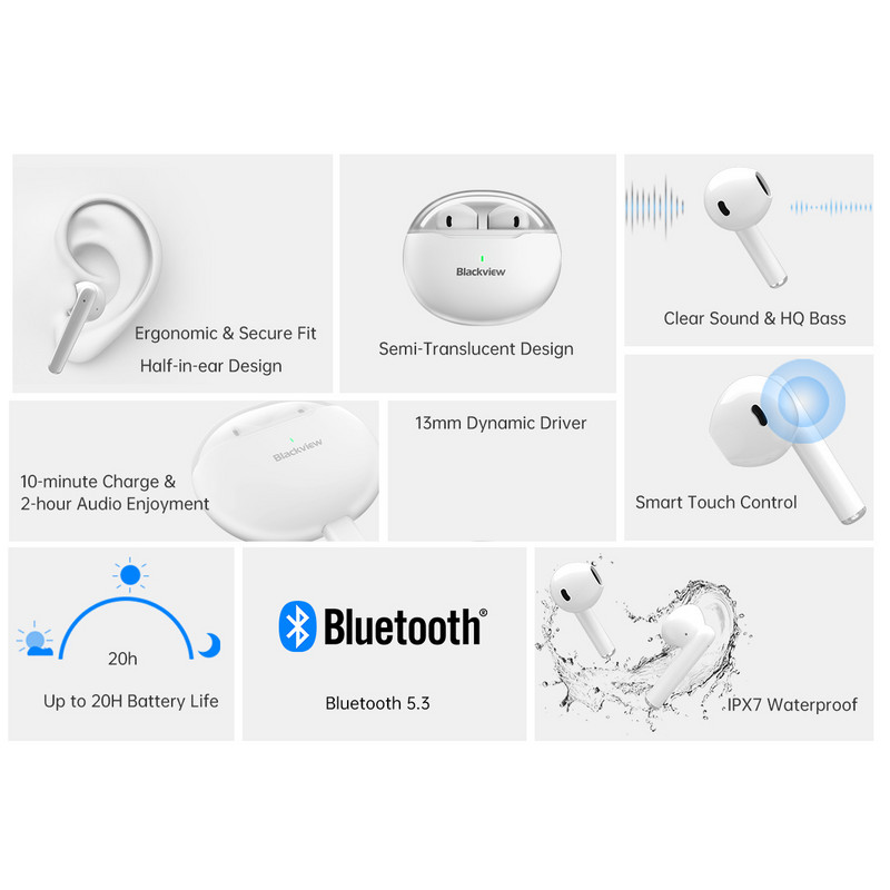 Blackview Airbuds 6 New TWS Wireless Earphone Bluetooth 5.3 Stereo Bass Earbuds Hedset Touch Control with Mic Headphones