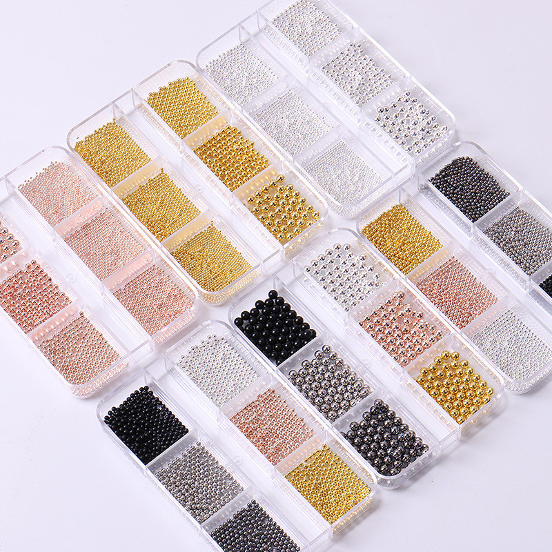 6 grile/cutie Nail Art profesional din oțel inoxidabil Mini auriu și argintiu Rose Gold Metal Mini caviar margele pentru unghii Decor 3D DIY