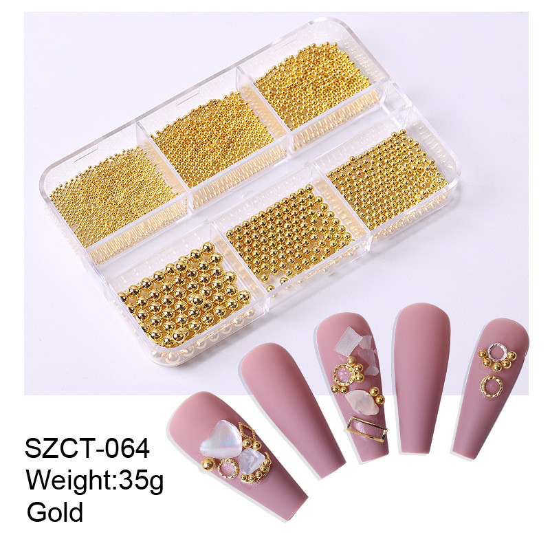6 grile/cutie Nail Art profesional din oțel inoxidabil Mini auriu și argintiu Rose Gold Metal Mini caviar margele pentru unghii Decor 3D DIY
