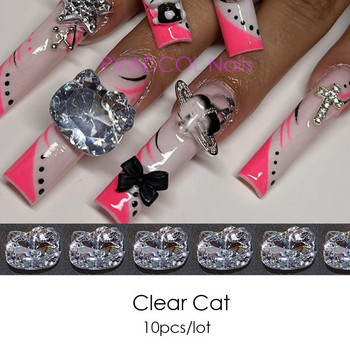 10 τμχ Kawaii 3D Nail Art Ροζ Γούρια νυχιών σε σχήμα γάτας Κοσμήματα Στρας Διακόσμηση Μεταλλικό κράμα Πολυτελές DIY αξεσουάρ μανικιούρ