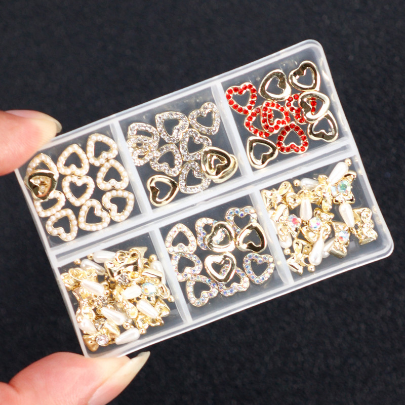30/24 KOM/KUTIJA Dijamantni metalni privjesci za nokte Leptir/Srce/mašna 3d privjesci za nokte 6 stilova Luksuzni dijelovi za uređenje noktiju Je-1*