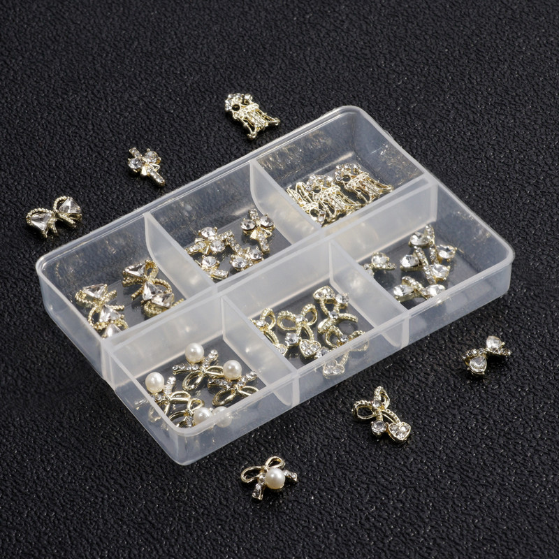 30/24 KOM/KUTIJA Dijamantni metalni privjesci za nokte Leptir/Srce/mašna 3d privjesci za nokte 6 stilova Luksuzni dijelovi za uređenje noktiju Je-1*