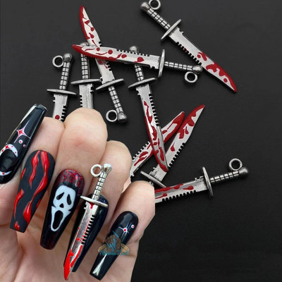 10 τμχ Halloween Bloody Dagger Nail Charms Silver Weapon Shape Punk Style Jewlery Μενταγιόν Διακόσμηση νυχιών