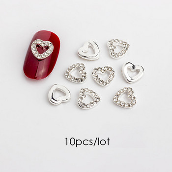 10 τμχ 3D Heart Crystal Nail Art Rhinestone Charms Luxury Alloy Gold Sliver Glitter Nails Κοσμήματα Αξεσουάρ μανικιούρ