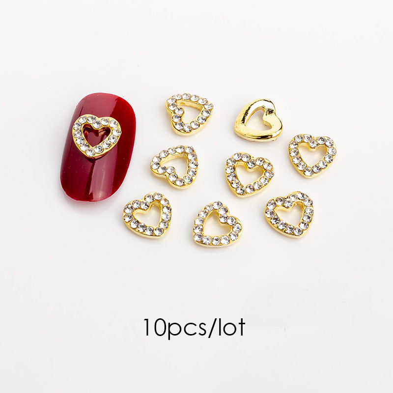 10 bucăți 3D Inimă Cristal Nail Art Strass Charms Aliaj de lux Aur Sliver Glitter Unghii Bijuterii Accesorii pentru manichiură