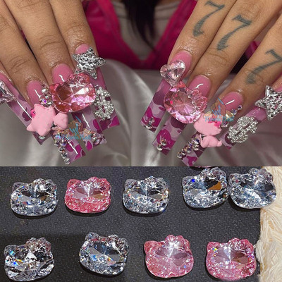 10 τμχ Kawaii Cat Nail Art Charms 3D Pink Glitter Κοσμήματα Νύχια Στρας Πολυτελή DIY Διακόσμηση αξεσουάρ μανικιούρ