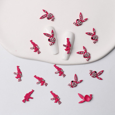 10 τμχ Hot Pink Bunny Nail Charms 3D Glitter Gun Shape Nails Rhinestones Κοσμήματα DIY Nail Art Tips Διακόσμηση Αξεσουάρ