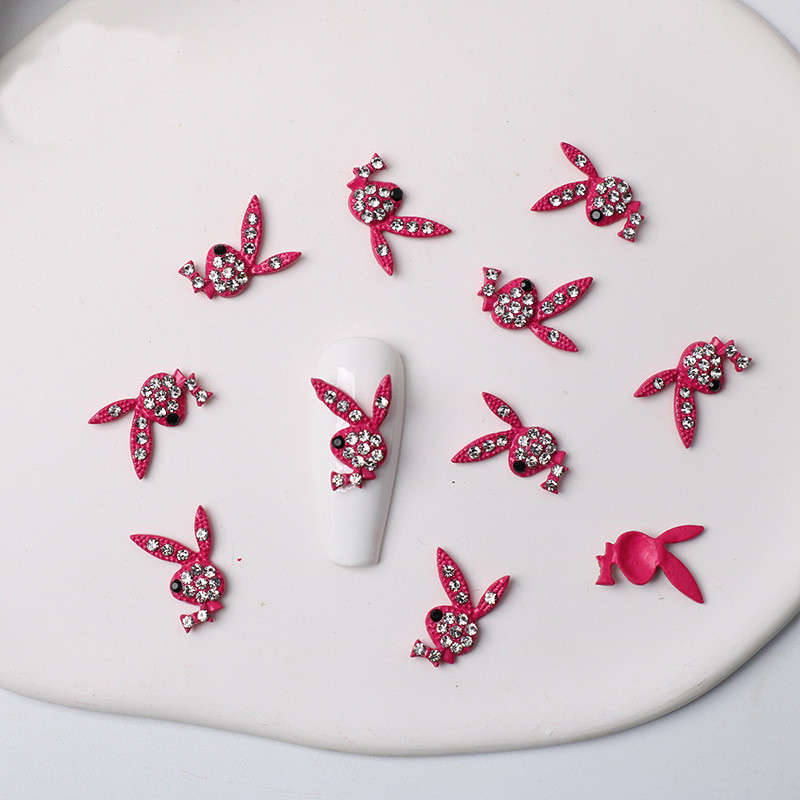 10 vnt. Hot Pink Bunny Nail Charms 3D Glitter Gun formos Nagai Kalnų krištolas papuošalai „Pasidaryk pats“ Nagų dailės patarimai Dekoravimo aksesuaras