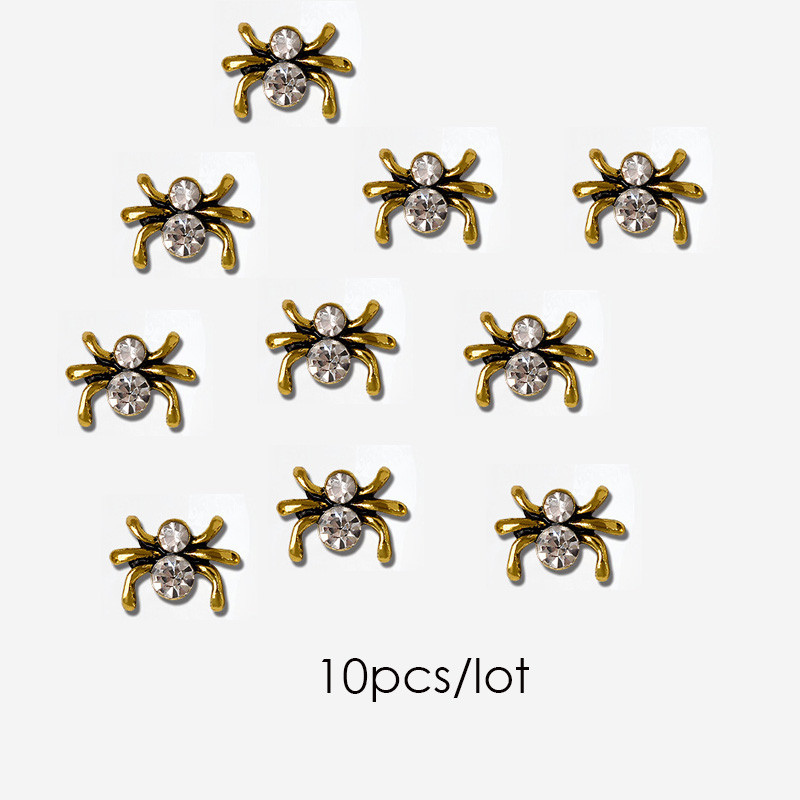 10 bucăți decorațiuni pentru unghii din metal păianjen de Halloween, bijuterii 3D de lux strălucitoare pentru unghii, bricolaj, perle, accesorii pentru manichiură