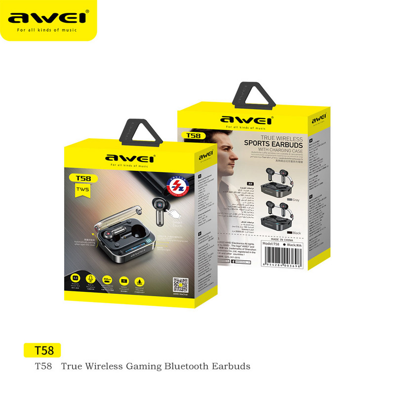 Awei T58 Bluetooth 5.3 Ασύρματα ακουστικά στα αυτιά Ακουστικά HiFi Bass TWS Ακουστικά με φωτισμό RGB Ακουστικά παιχνιδιών χαμηλής καθυστέρησης