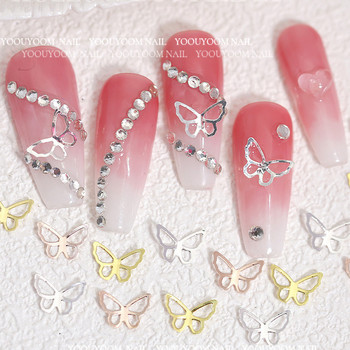 50 τμχ Hollow Butterfly Nail Art Charm 3D Rose Gold Ασημένια Νύχια Στρας για DIY αξεσουάρ διακόσμησης νυχιών