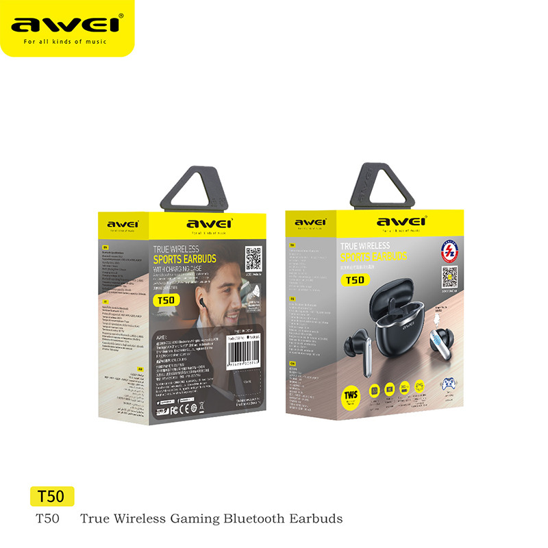Awei T50 Fone Bluetooth fülhallgató TWS vezeték nélküli sport fülhallgató mikrofonos érintésvezérléssel C típusú vízálló fejhallgató