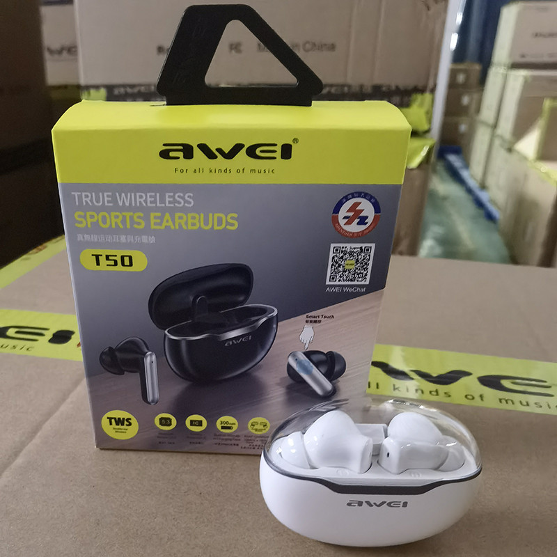 Awei T50 Fone Bluetooth fülhallgató TWS vezeték nélküli sport fülhallgató mikrofonos érintésvezérléssel C típusú vízálló fejhallgató