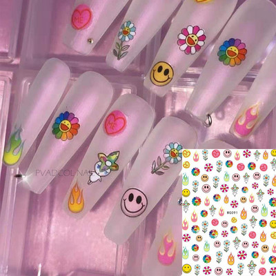 Kawaii Napvirágok Mosolygós Arc Köröm Art Matricák Öntapadós Csúszkák Manikűr Dekoráció