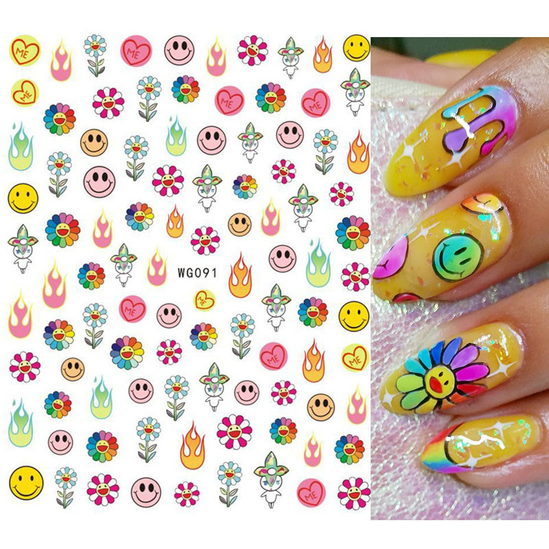 Kawaii Napvirágok Mosolygós Arc Köröm Art Matricák Öntapadós Csúszkák Manikűr Dekoráció