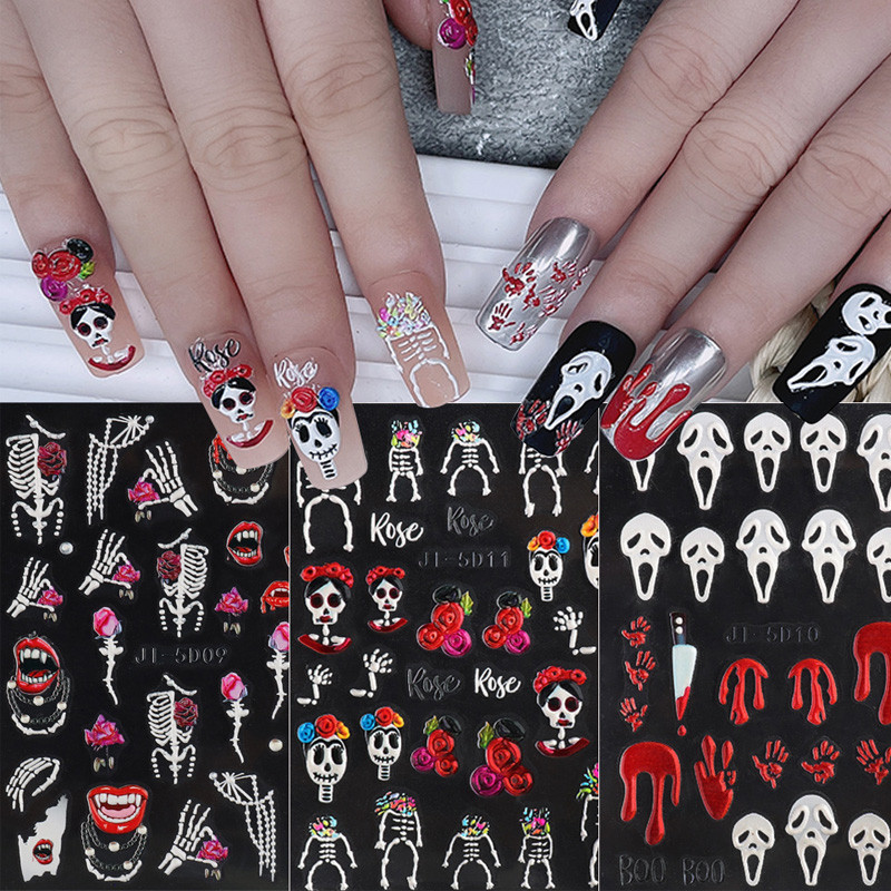 5D Dombornyomott Halloween Körömdíszítés Matricák Scream Spooky Design Körömmatrica Gravírozott Slider Manikűr Dekoráció