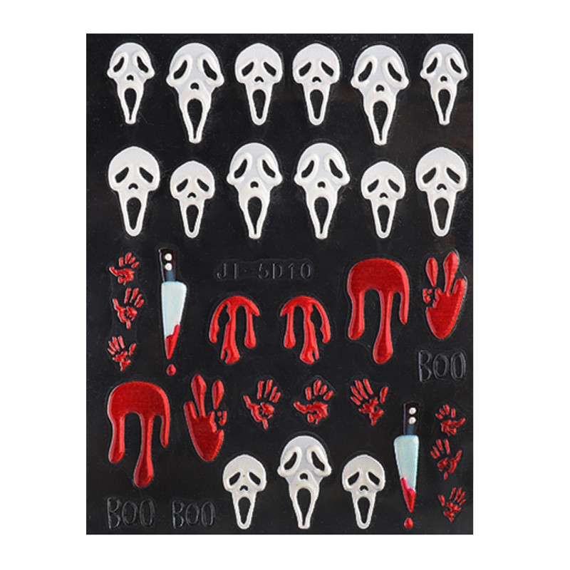 5D Dombornyomott Halloween Körömdíszítés Matricák Scream Spooky Design Körömmatrica Gravírozott Slider Manikűr Dekoráció