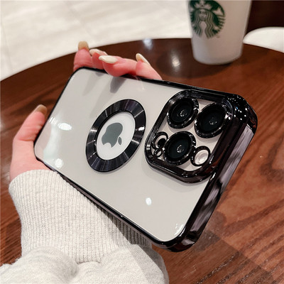 Luksusa pārklājuma logotipa cauruma caurspīdīgs korpuss iPhone 14 11 13 12 Pro Max XS Max X XR 7 8 Plus SE 2020 kompaktdiska raksta silikona vāciņam