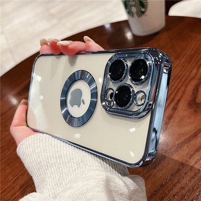 Luksusa pārklājuma logotipa cauruma caurspīdīgs korpuss iPhone 14 11 13 12 Pro Max XS Max X XR 7 8 Plus SE 2020 kompaktdiska raksta silikona vāciņam