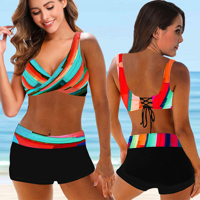 2022. Novi ženski ljetni prugasti bikini kompleti kupaćih kostima Ženski seksi kupaći kostim Dvodijelni komplet kupaćih kostima široke majice za plažu