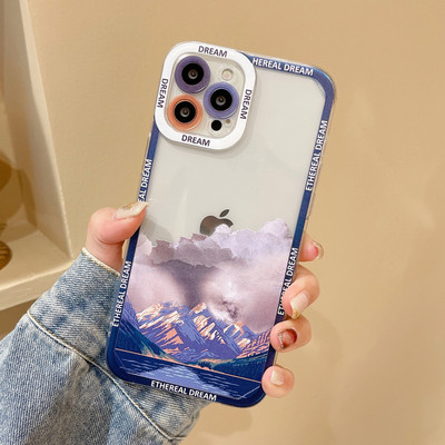 Ретро Sunset Clouds Snow Mountain Калъф за iPhone 13 Pro 11 12Pro Max XR XS Max 8Plus 14 X Защита на обектива Удароустойчиво меко покритие