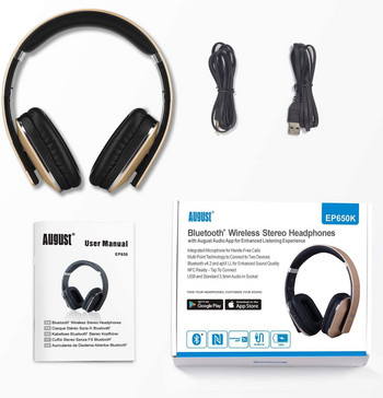 August EP650 Ασύρματα Bluetooth4.2 ακουστικά με μικρόφωνο 3,5mm Ήχος σε ενσύρματο ή ασύρματο στερεοφωνικό ακουστικό για τηλεόραση, υπολογιστή, τηλέφωνο