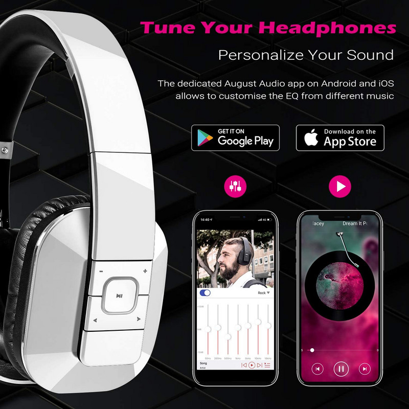 August EP650 Bluetooth kõrvaklapid mikrofoniga kõrva kohal Stereo Bluetooth 4.2 peakomplekt aptX juhtmeta kõrvaklapid telerile, telefon – valge