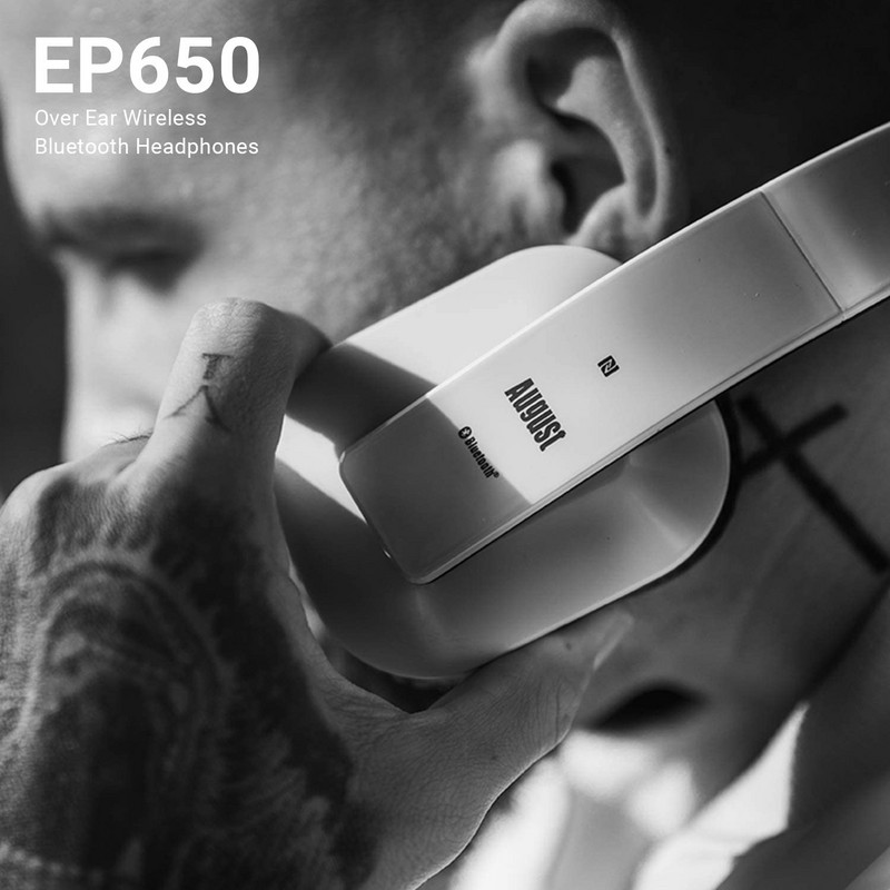 August EP650 Bluetooth kõrvaklapid mikrofoniga kõrva kohal Stereo Bluetooth 4.2 peakomplekt aptX juhtmeta kõrvaklapid telerile, telefon – valge