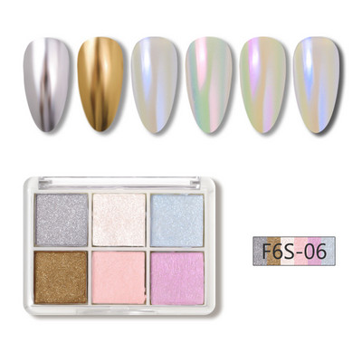 6 szín Holografikus Lézer Aurora Solid Mirror Köröm Glitter Púder Köröm UV Gél Lakk Pigment Nail Art Dekorációk Kiegészítők
