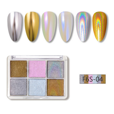6 szín Holografikus Lézer Aurora Solid Mirror Köröm Glitter Púder Köröm UV Gél Lakk Pigment Nail Art Dekorációk Kiegészítők