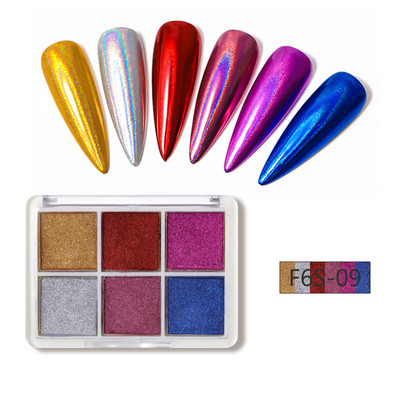 6 szín Holografikus Lézer Aurora Solid Mirror Köröm Glitter Púder Köröm UV Gél Lakk Pigment Nail Art Dekorációk Kiegészítők