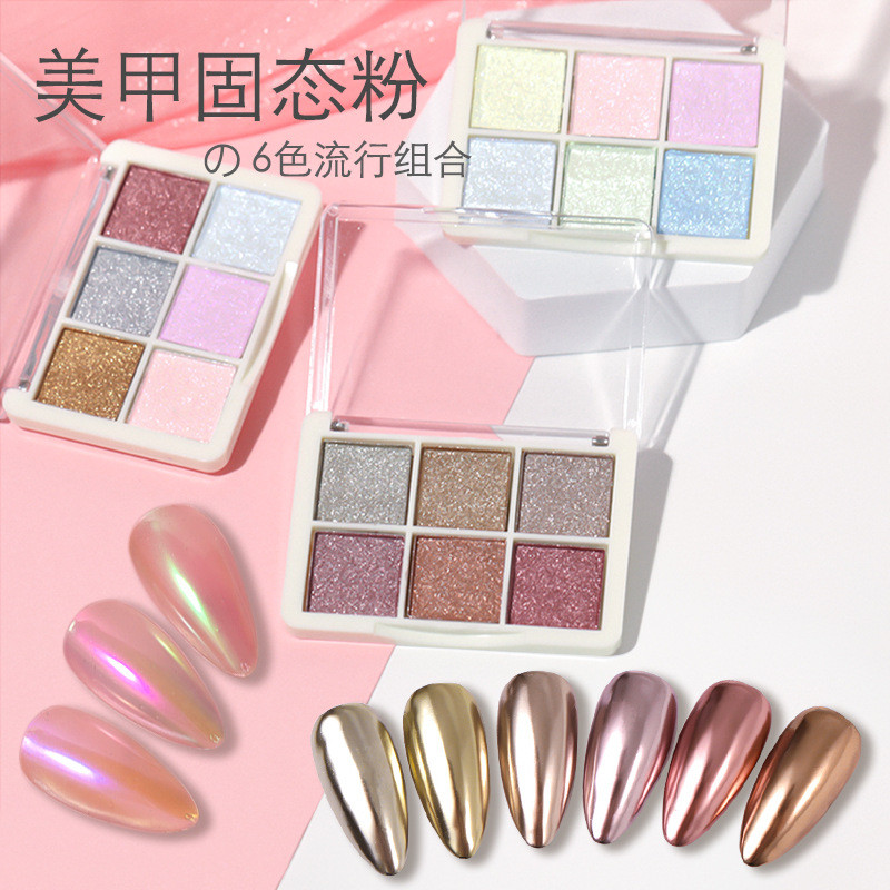 6 szín Holografikus Lézer Aurora Solid Mirror Köröm Glitter Púder Köröm UV Gél Lakk Pigment Nail Art Dekorációk Kiegészítők