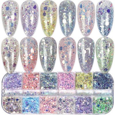 12 Color Laser Firework Glitter Gel Βερνίκι νυχιών πούλιες πούλιες Paillette ακανόνιστου σχήματος Chameleon για διακοσμήσεις νυχιών