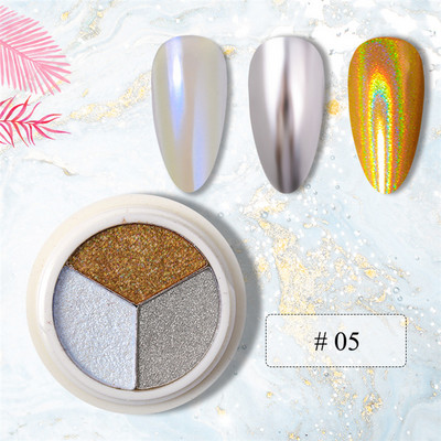 3 szín Holografikus Lézer Aurora Solid Mirror Köröm Glitter Púder Köröm UV Gél Lakk Pigment Nail Art Dekorációk Kiegészítők