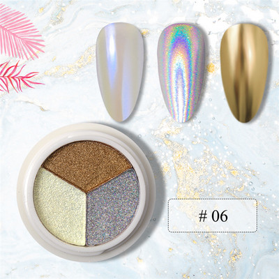 3 szín Holografikus Lézer Aurora Solid Mirror Köröm Glitter Púder Köröm UV Gél Lakk Pigment Nail Art Dekorációk Kiegészítők