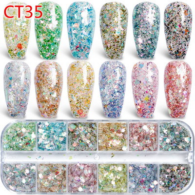 12 rešetki/set Pribor za nokte Okrugli šesterokutni holografski svjetlucavi ukrasi za nokte Naljepnice Meramid šljokice Komplet dodataka za nokte