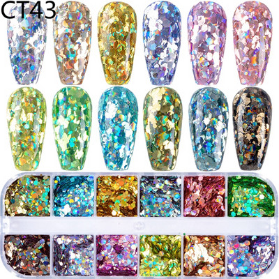 12 rešetki/set Pribor za nokte Okrugli šesterokutni holografski svjetlucavi ukrasi za nokte Naljepnice Meramid šljokice Komplet dodataka za nokte