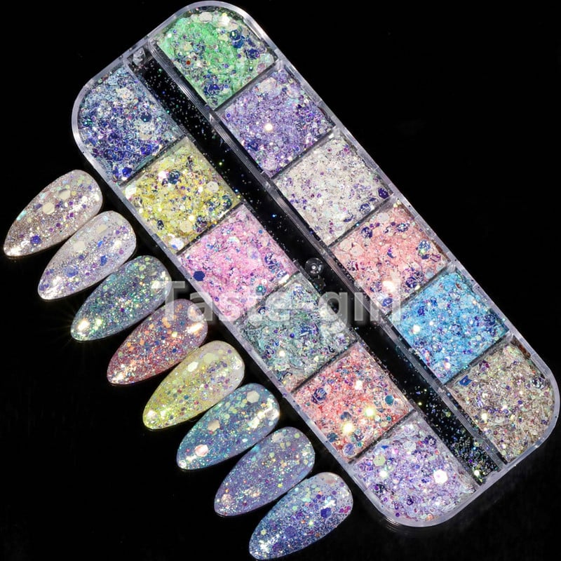 12 rešetki/set Pribor za nokte Okrugli šesterokutni holografski svjetlucavi ukrasi za nokte Naljepnice Meramid šljokice Komplet dodataka za nokte