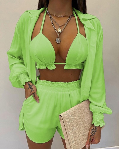 Nauji spausdinti bikinio rinkiniai su aukštu juosmeniu Moteriški marškiniai ilgomis rankovėmis, šortai, maudymosi kostiumėliai, trys vasariniai seksualūs suvarstomi paplūdimio drabužiai, maudymosi kostiumėliai