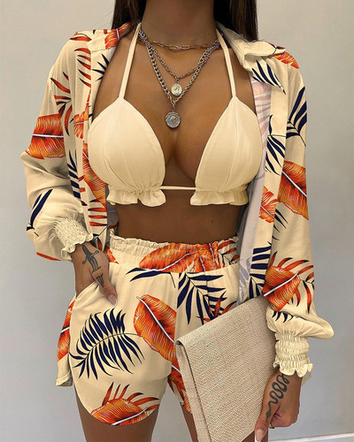 Nauji spausdinti bikinio rinkiniai su aukštu juosmeniu Moteriški marškiniai ilgomis rankovėmis, šortai, maudymosi kostiumėliai, trys vasariniai seksualūs suvarstomi paplūdimio drabužiai, maudymosi kostiumėliai