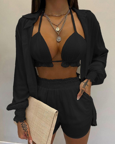 Nauji spausdinti bikinio rinkiniai su aukštu juosmeniu Moteriški marškiniai ilgomis rankovėmis, šortai, maudymosi kostiumėliai, trys vasariniai seksualūs suvarstomi paplūdimio drabužiai, maudymosi kostiumėliai