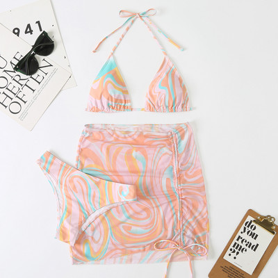 Set bikini 3 bucăți cu fustă Tie Dye String Thong Costum de baie Femei Costum de baie Femei Costume Beach Wear Swim Lady Summer