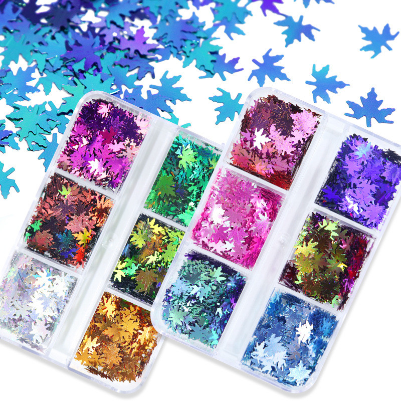 6 rács Holografikus körömdíszítő flitterek juharlevelek lézercsillag szív Paillette pehely DIY manikűr 3D köröm díszítő eszközök