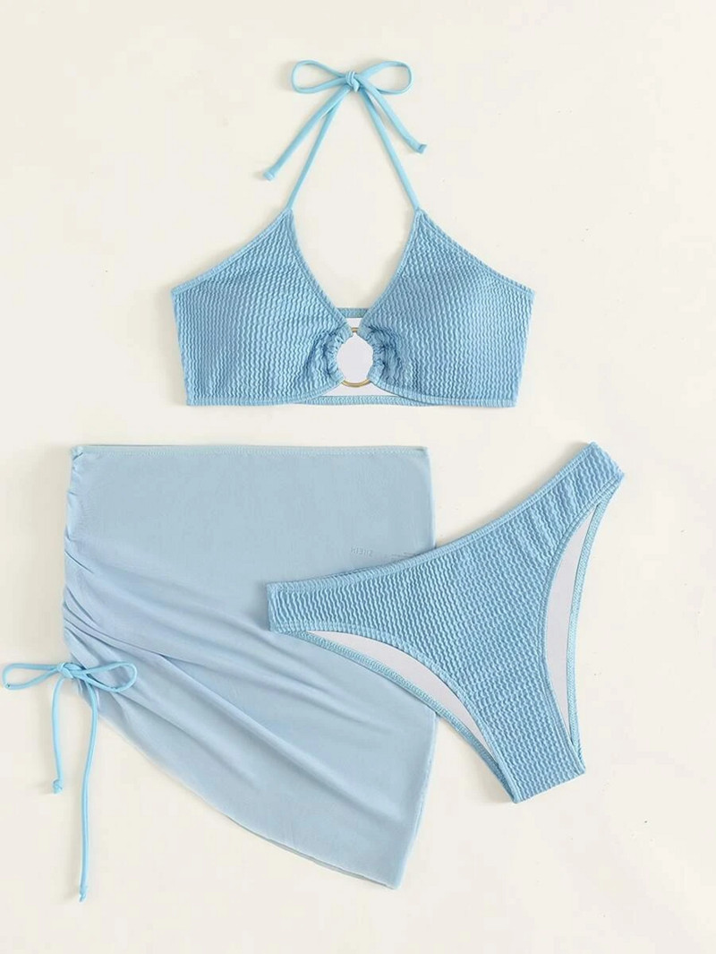 Bikini s halterima s teksturiranim prstenom, mikrorebrasti bikini, kupaći kostim visokog struka 2022. s mrežastom suknjom od 3 komada za plažu