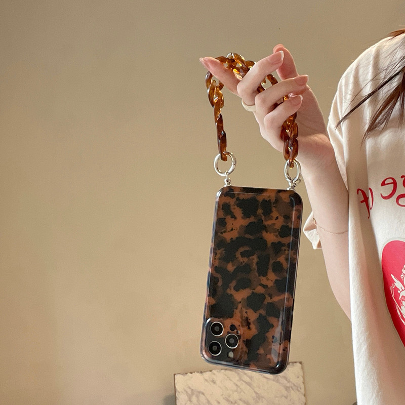 Husă de telefon cu lanț cu brățară din marmură, chihlimbar, leopard, la modă
