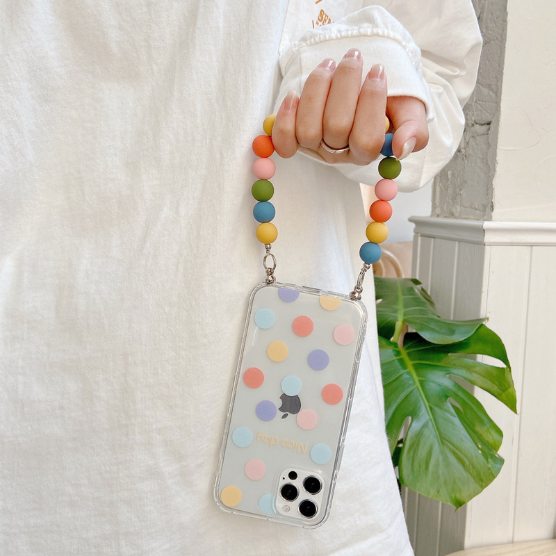 Tobebest Husă transparentă pentru telefon cu brățară cu margele rotunde colorate pentru iphone 13 12 11 pro max 12mini X XS XR 7 8 Plus husă moale cu lanț din TPU