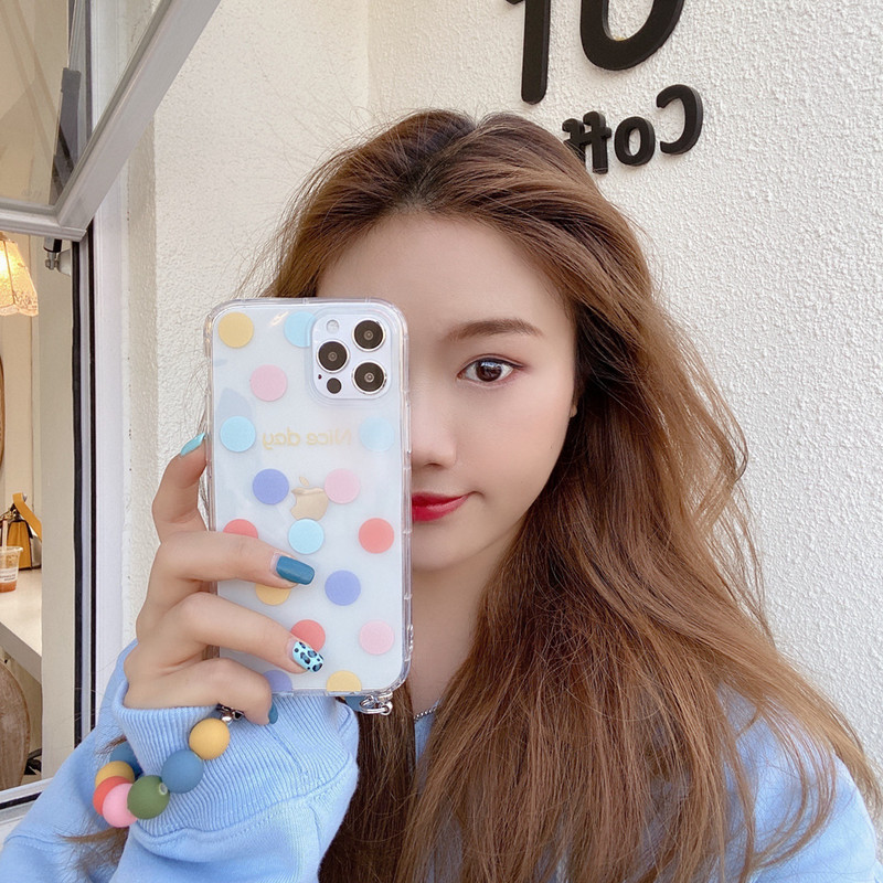 Tobebest Husă transparentă pentru telefon cu brățară cu margele rotunde colorate pentru iphone 13 12 11 pro max 12mini X XS XR 7 8 Plus husă moale cu lanț din TPU