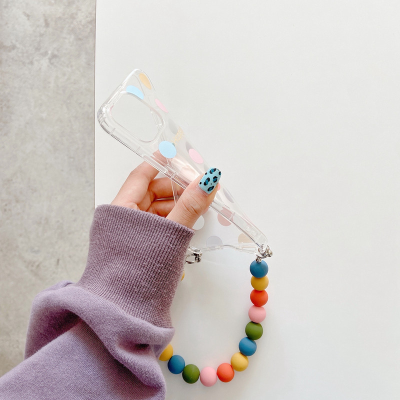 Tobebest Husă transparentă pentru telefon cu brățară cu margele rotunde colorate pentru iphone 13 12 11 pro max 12mini X XS XR 7 8 Plus husă moale cu lanț din TPU