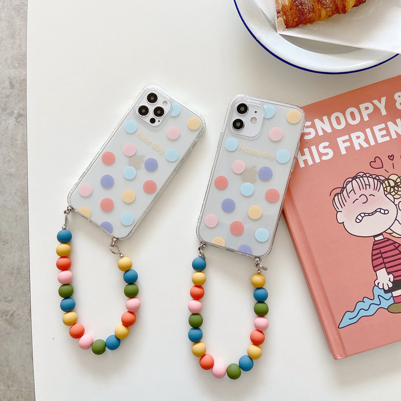 Tobebest Husă transparentă pentru telefon cu brățară cu margele rotunde colorate pentru iphone 13 12 11 pro max 12mini X XS XR 7 8 Plus husă moale cu lanț din TPU